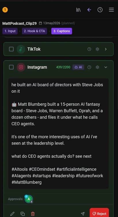 ContentFactory copy approvals view: TikTok and Instagram entries side-by-side with approve and reject controls per platform