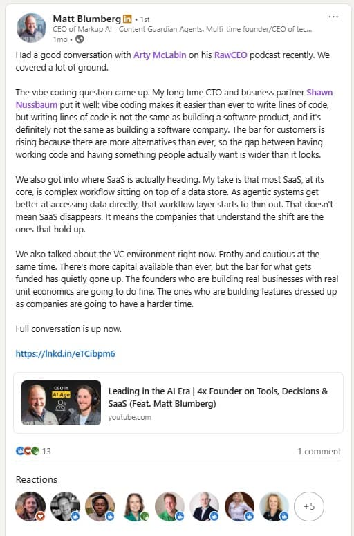 LinkedIn post on a guest profile sharing the RawCEO podcast episode, using the copy prepared in ContentFactory
