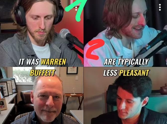 Split screen behind-the-scenes: left side shows remote web-call guests, right side shows an in-studio physical interview